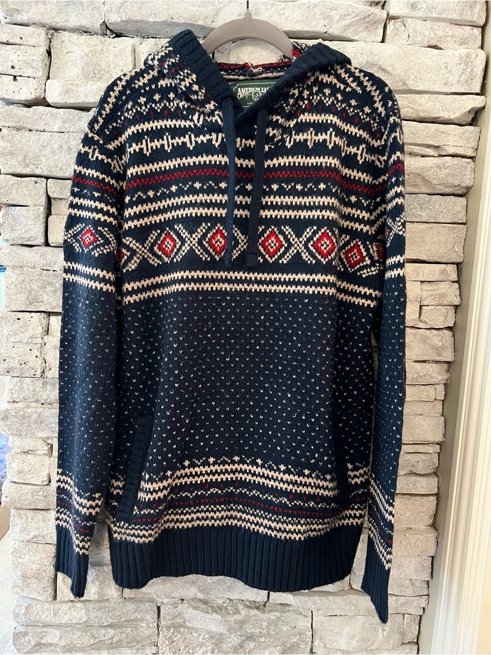 American Eagle Navy Fair Isle Hooded Sweater - Mens Size Large